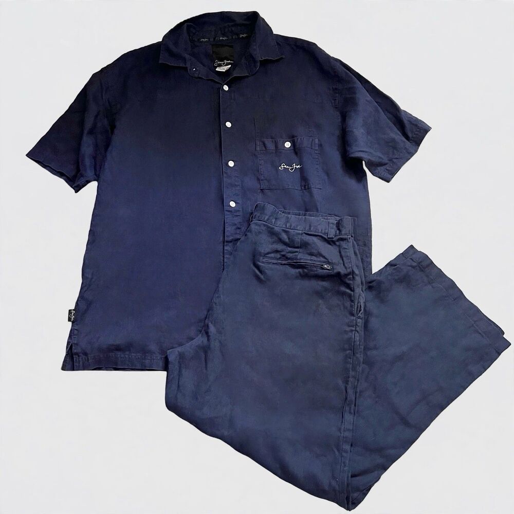 Sean John Mens XL 100% Linen Navy Blue Shirt Pants Set Beach Outfit